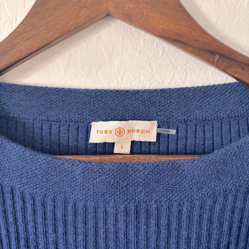 Tory Burch Ramona Merino Wool Peplum‎ Ribbed Sweater Wide Neck Large Blue EUC